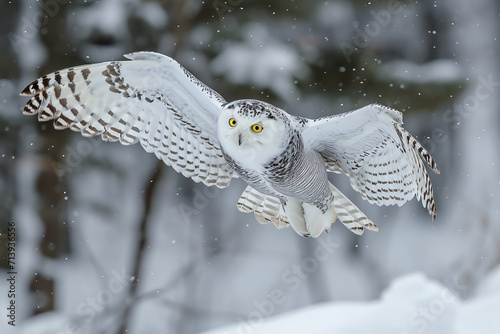 White, polar owl in flight in a snowy forest