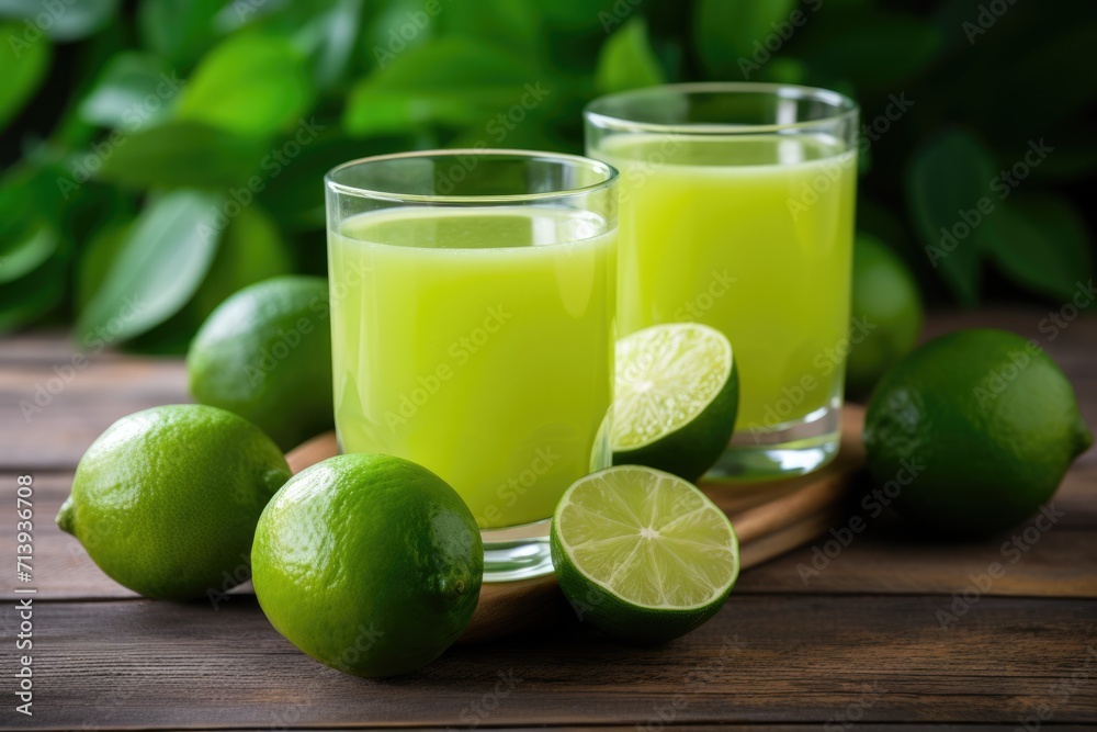Refreshing Lime Juice in Glasses on Fresh Wooden Background: A Delicious Beverage for Refreshment Refreshing Lime Juice in Glasses on Fresh Wooden Background: A Delicious Beverage for Refreshment