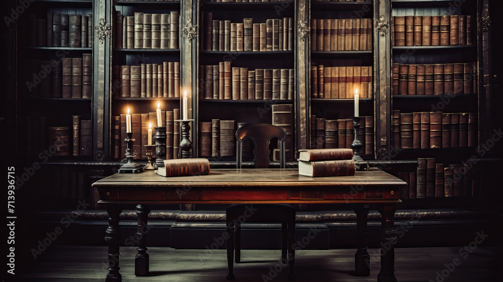 Books on the shelves in the dark library with candles created with Generative AI technology