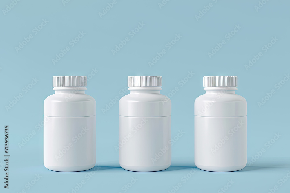 mockup three identical supplement white bottles on a light sky blue background mockup three identical supplement white bottles on a light sky blue background