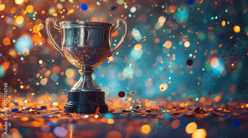 A gleaming gold winners trophy cup takes center stage, surrounded by a festive explosion of colorful celebration confetti and sparkling glitter, symbolizing victory and success in a competition. photo