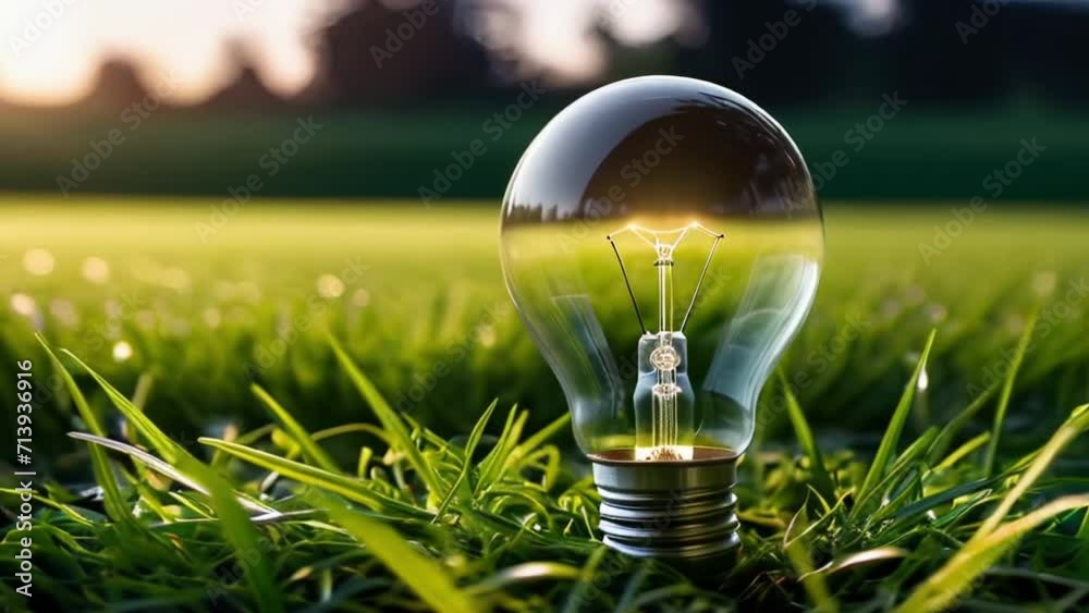 Light bulb on grass as a symbol of ecology and clean green energy. Sustainable resources background. AI generated loop