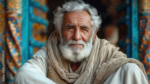 elderly Muslim man sitting and smiling