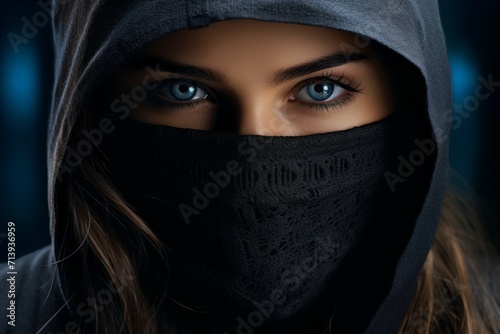a girl in a black balaclava, a close-up portrait. A young woman covers her face with a mask, gaze of beautiful eyes.