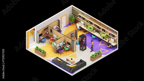 The coworking space is in 3D Isometric Style. Loop Animation. Alpha channel (ID: 713937303)