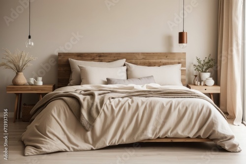 French interior home design of modern bedroom with wooden bed and beige duvet with rustic wooden side table