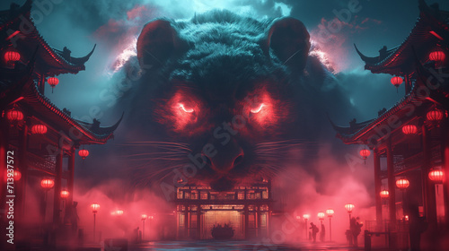 Mystical Red-Eyed Panther Over Oriental Temples in Mist