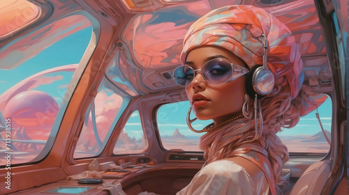 Wanderlust woman in a car. Prediction of the future in Y2K style. Fantasy world in the style of fiction of the 19th century