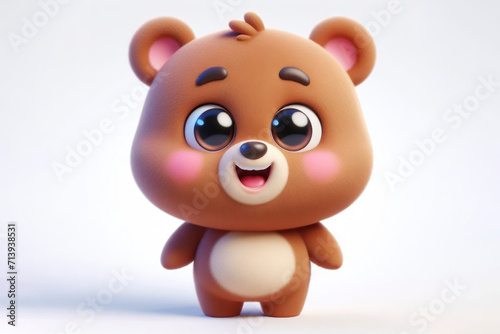 full body little cute happy bear 3d character with bulging eyes on solid a white background. ai generative