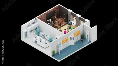 Science Laboratory and Music Hall in 3D Isometric Style. Loop Animation. Alpha Channel (ID: 713938533)