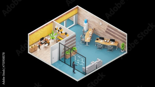 Animated Office layout, floor plan in 3D Isometric Style. Loop Animation. Alpha Channel (ID: 713938578)
