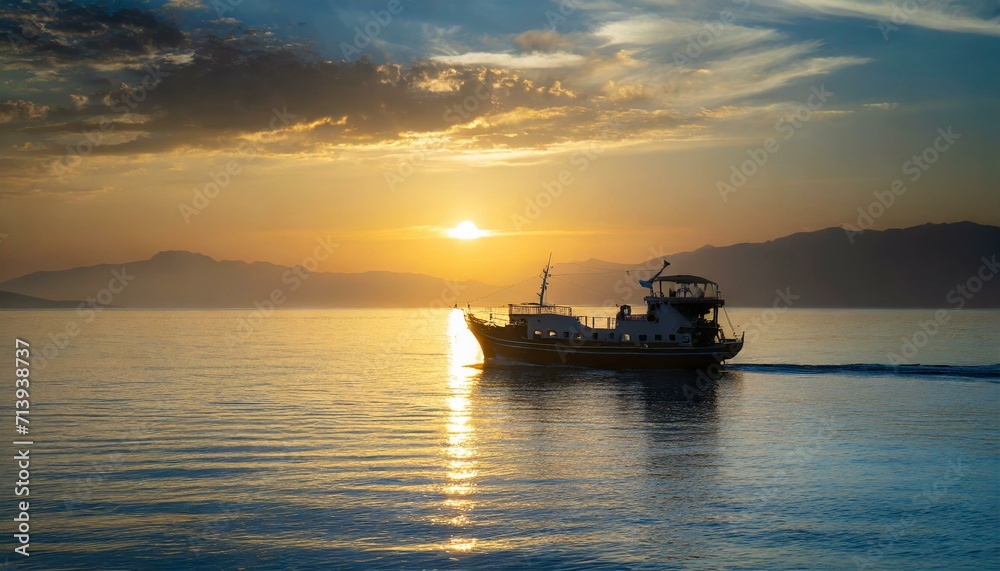 Boat Ship Sailing Serenely at Sunset on Calm Ocean Waters