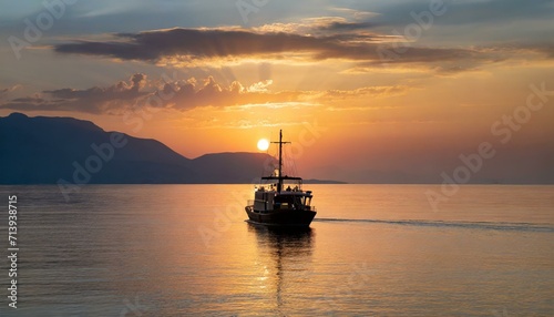 Boat Ship Sailing Serenely at Sunset on Calm Ocean Waters