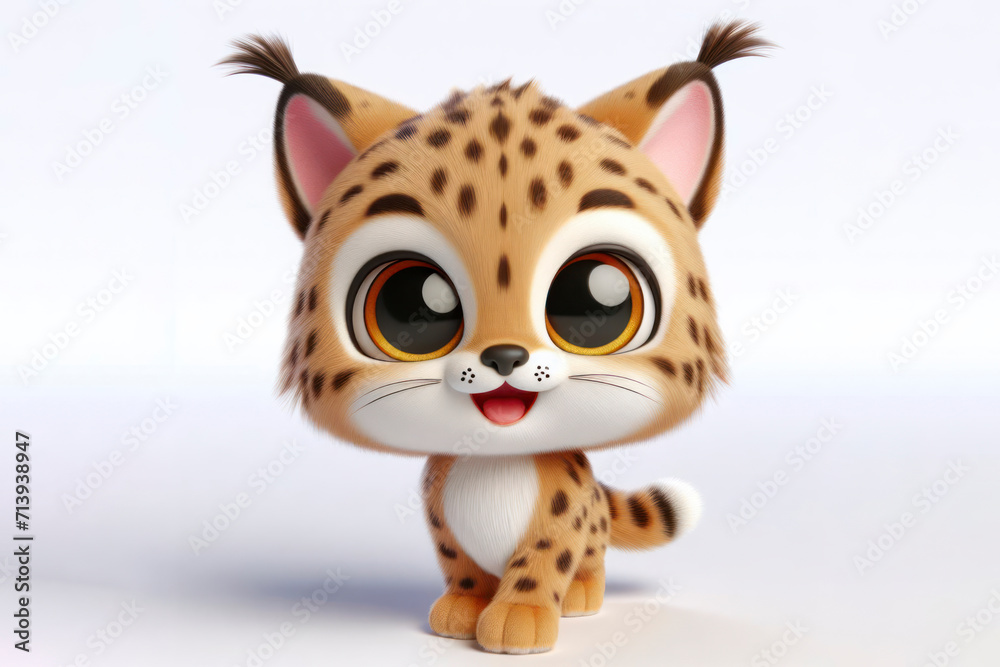 full body little cute happy lynx 3d character with bulging eyes on solid a white background. ai generative