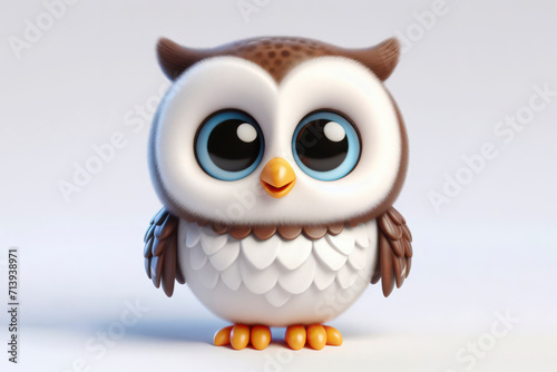 full body little cute happy owl 3d character with bulging eyes on solid a white background. ai generative