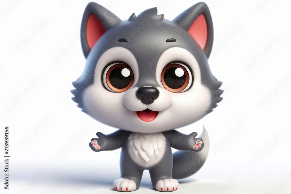 full body little cute happy wolf 3d character with bulging eyes on solid a white background. ai generative full body little cute happy wolf 3d character with bulging eyes on solid a white background. ai generative