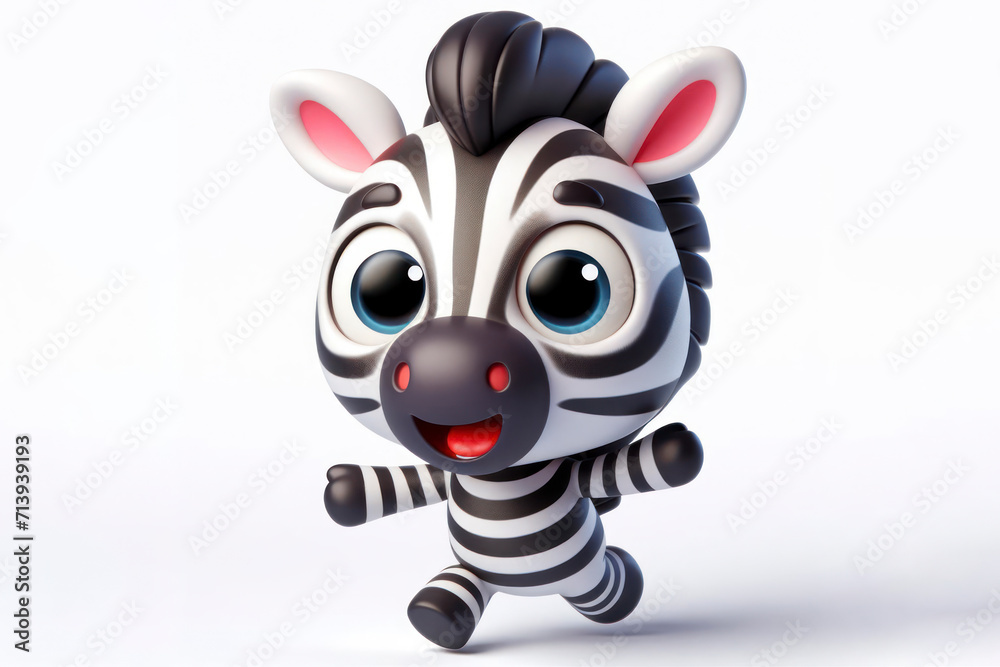 full body little cute happy zebra 3d character with bulging eyes on solid a white background. ai generative
