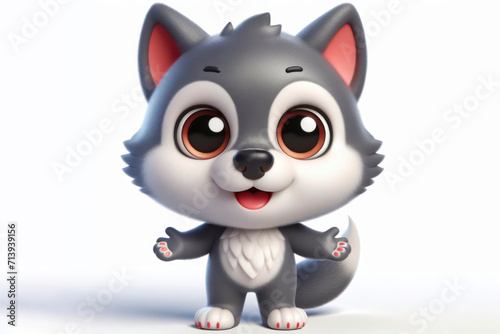 full body little cute happy wolf 3d character with bulging eyes on solid a white background. ai generative © Igor
