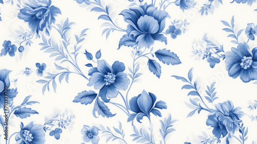 Blue flowers on white background in toile style 