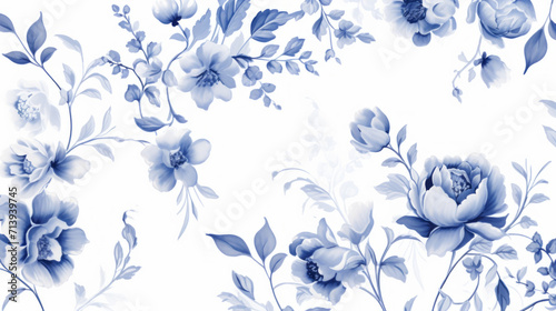 Blue flowers on white background in toile style 