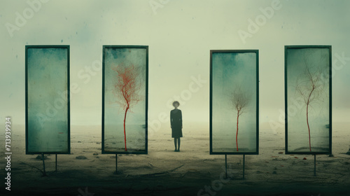 People and loneliness triple composition surreal background