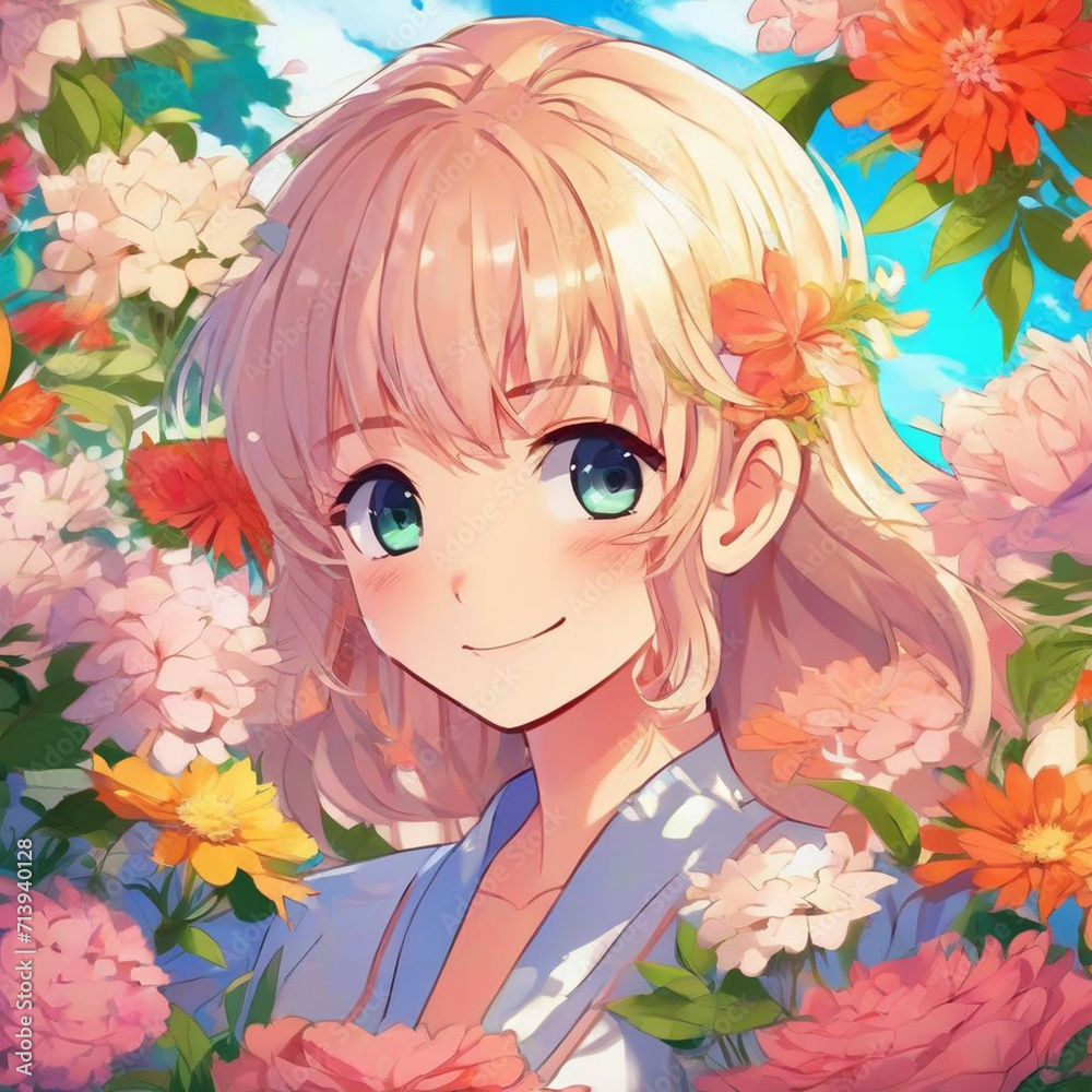 Portrait of a Happy  Girl with Flowers