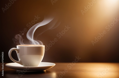 Cup of hot aromatic coffee with smoke on dark cozy brown background. Space for text