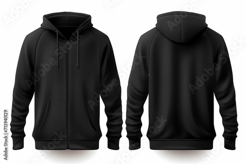 Realistic black hoodie with zipper, with long sleeves and pockets, on white backgroun