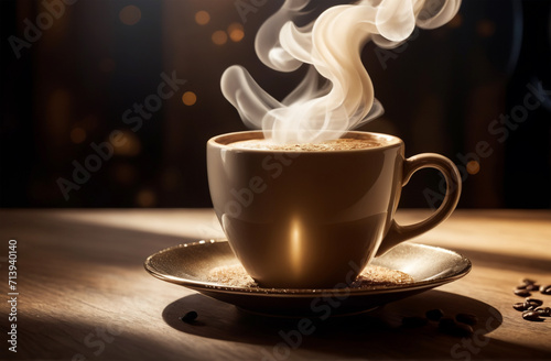 Cup of hot aromatic coffee with smoke on dark cozy brown background.