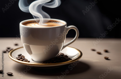 Cup of hot aromatic coffee with smoke on dark cozy brown background with grains.