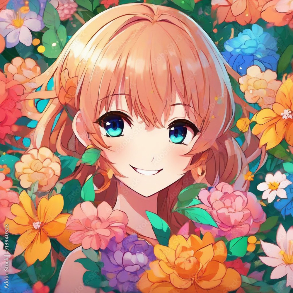 Portrait of a Happy  Girl with Flowers