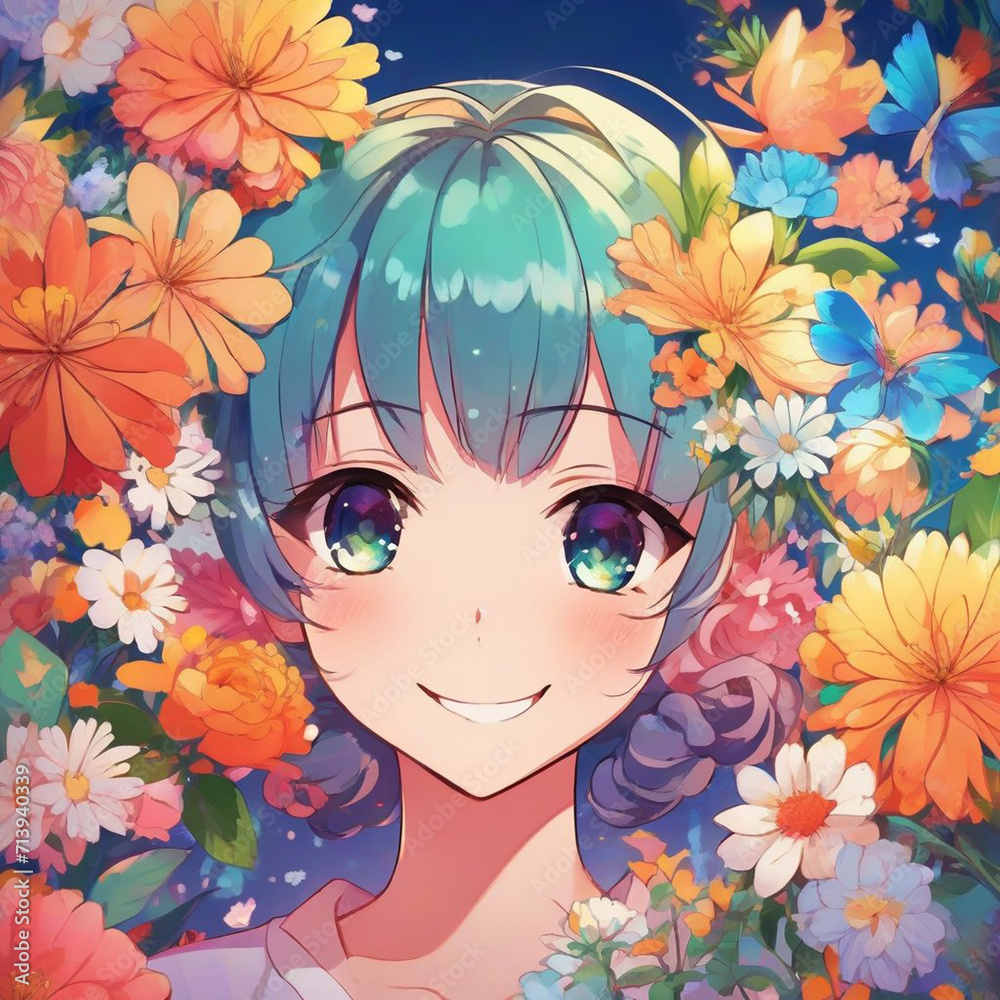 Portrait of a Happy  Girl with Flowers