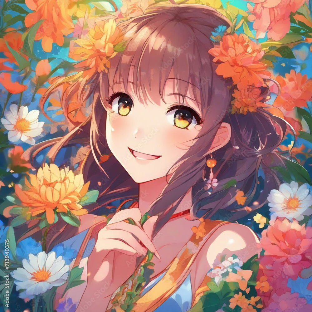 Portrait of a Happy  Girl with Flowers