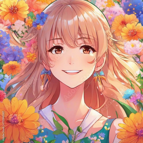Portrait of a Happy  Girl with Flowers