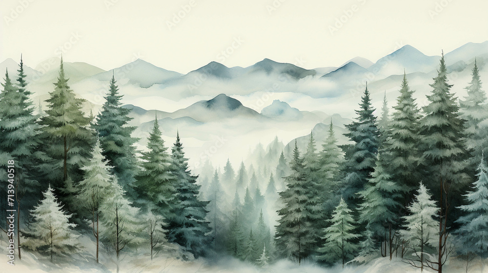 Fototapeta premium The pine trees created from watercolors have a beautiful view.
