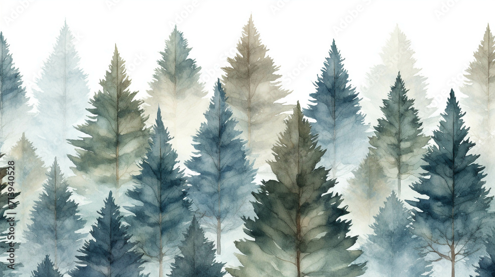 Obraz premium The pine trees created from watercolors have a beautiful view.