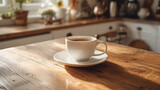 Morning Coffee Cup on Sunlit Wooden Kitchen Counter