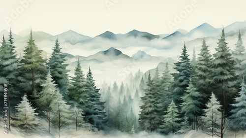 The pine trees created from watercolors have a beautiful view.