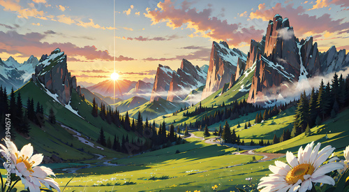 Beautiful mountain views with green grass and filled with beautiful flowers. Beautiful mountain wallpaper with anime style. Landscape view. photo