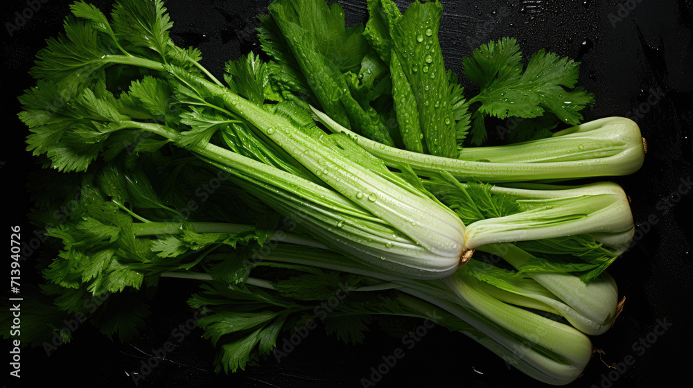 Photo of Celery vegetables in front of dark background Photo of Celery vegetables in front of dark background