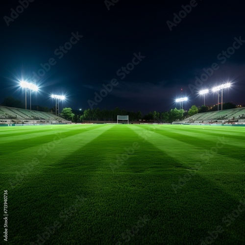 A large empty green playground, a football field with a green lawn, a multi-purpose grass stadium illuminated by floodlights in the dark at night.