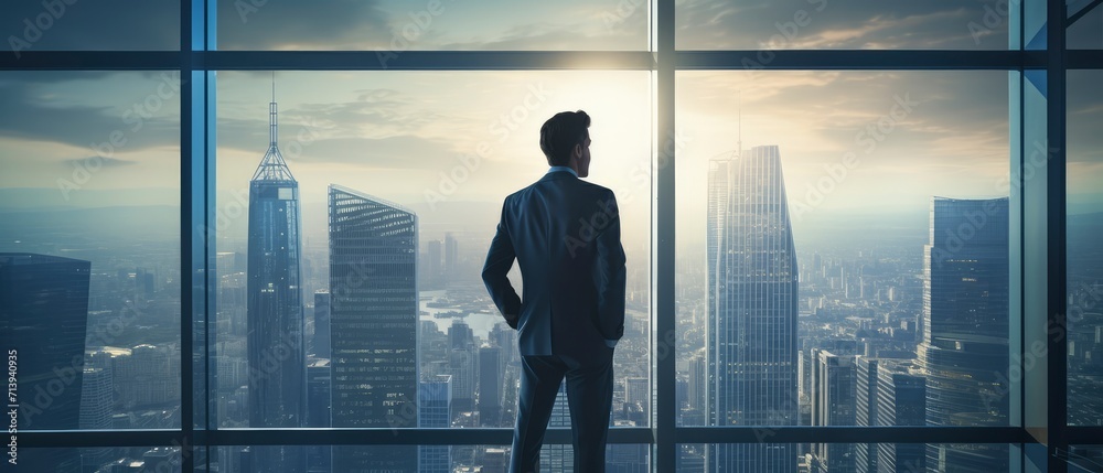 Man Standing in Front of Window Overlooking City Man Standing in Front of Window Overlooking City