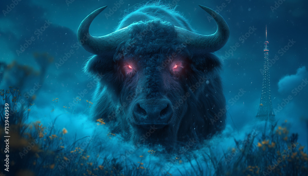Majestic Night Cloudscape with Eiffel Tower Silhouette and Surreal Bison Majestic Night Cloudscape with Eiffel Tower Silhouette and Surreal Bison
