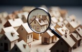 Searching for a new house for purchase. Rental housing market. Magnifying glass near the residential building.