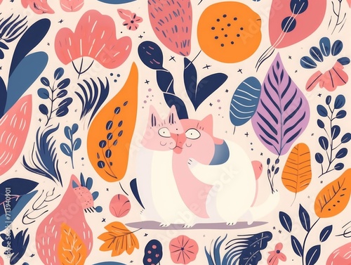 Cute spring seamless pattern with cat. Decorative abstract illustration with colorful doodles. Hand-drawn modern illustration with cats, flowers, abstract, Generative AI 