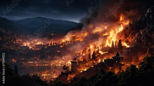 Wildfire Engulfs Mountain Town at Night