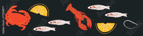 Sushi and rolls collection. Decorative abstract horizontal banner with colorful doodles. Hand-drawn modern illustrations with sushi and rolls abstract elements. Asian cuisine