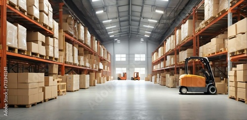 Retail warehouse with goods in boxes, with pallets and forklifts. Product distribution center, with a light atmosphere in the late afternoon © Maftuh