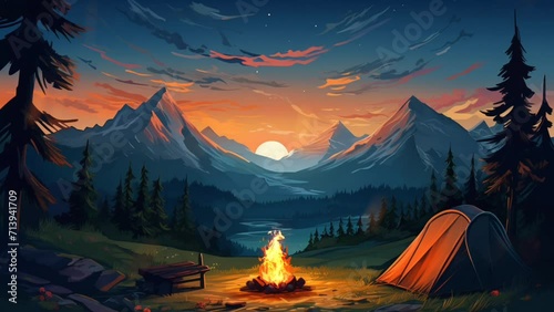 Campfire animation with mountains background at sunset. Cartoon illustration style. seamless looping time-lapse 4k animation video background