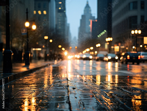 A blurred view of city lights on a rainy day, captured from a street perspective. © Szalai